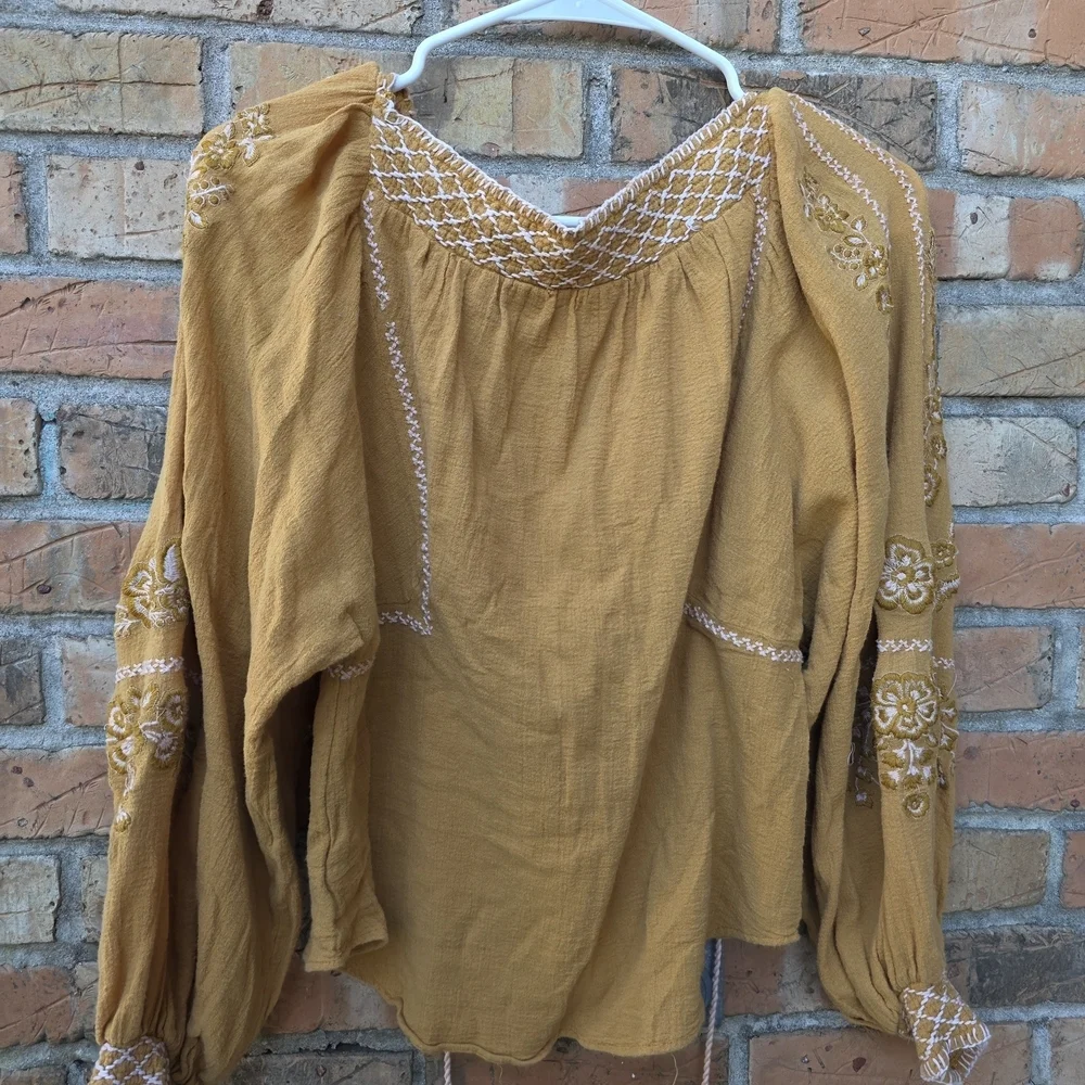 Free People Mustard Embroidered Blouse